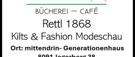 Advertisement for Mittendrin, a bookstore and cafe in Jagerberg. It features a fashion show on March 6, 2026, at 7 PM. Location: Mittendrin-Generationenhaus, Jagerberg 38. Entry is free.