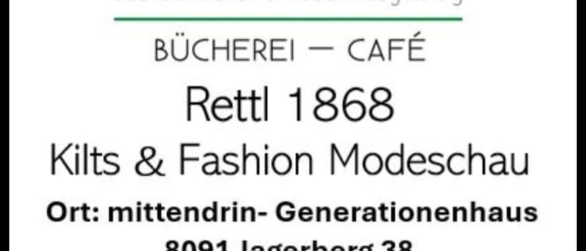 Advertisement for Mittendrin, a bookstore and cafe in Jagerberg. It features a fashion show on March 6, 2026, at 7 PM. Location: Mittendrin-Generationenhaus, Jagerberg 38. Entry is free.