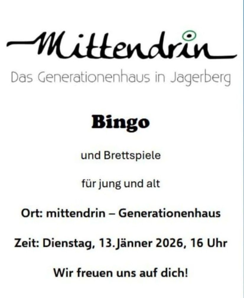 Plakat für eine Bingo- und Brettspielveranstaltung im Generationenhaus in Jagerberg. Es ist für Dienstag, 13. Jänner 2026, um 16 Uhr geplant.