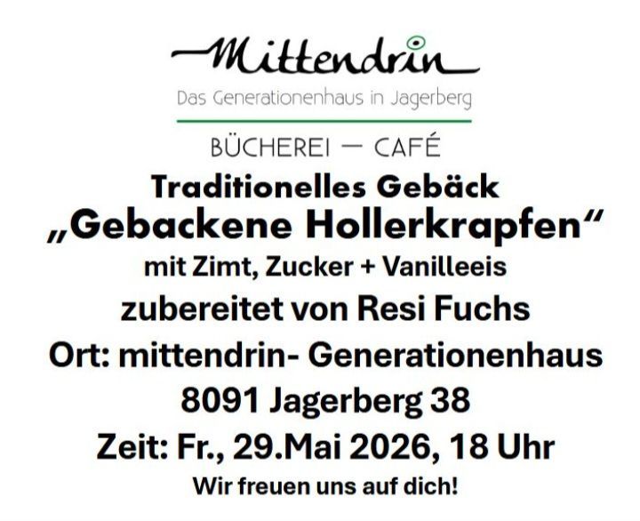 Veranstaltungsplakat für eine traditionelle Backwarenveranstaltung, die gebackene Lindenbaumkuchen mit Zimt, Zucker und Vanilleeis von Resi Fuchs im Mittendrin Generation House am 29. Mai 2026 um 18 Uhr präsentiert.