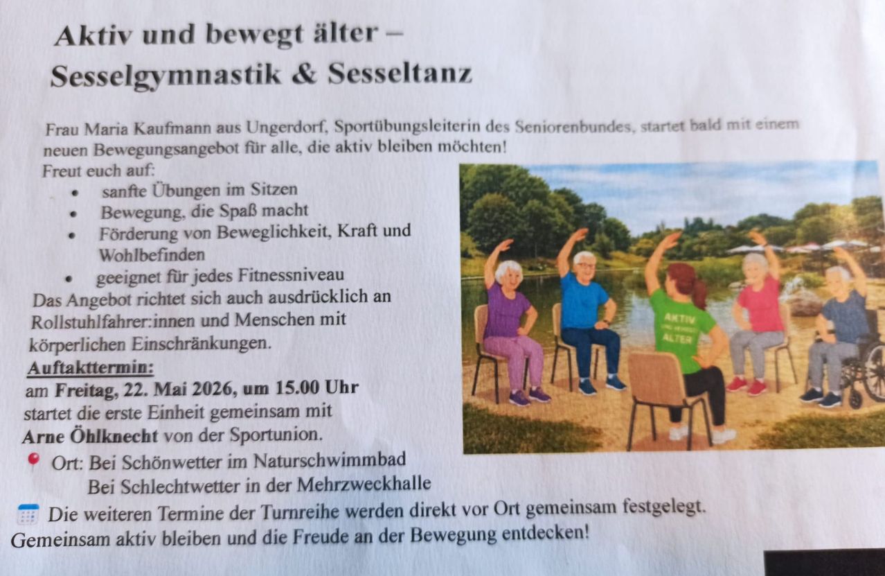 Ein Plakat zeigt eine Gruppe älterer Menschen, die sitzende Übungen machen. Das Plakat ermutigt ältere Erwachsene, mit einem Fitnessprogramm aktiv zu bleiben.
