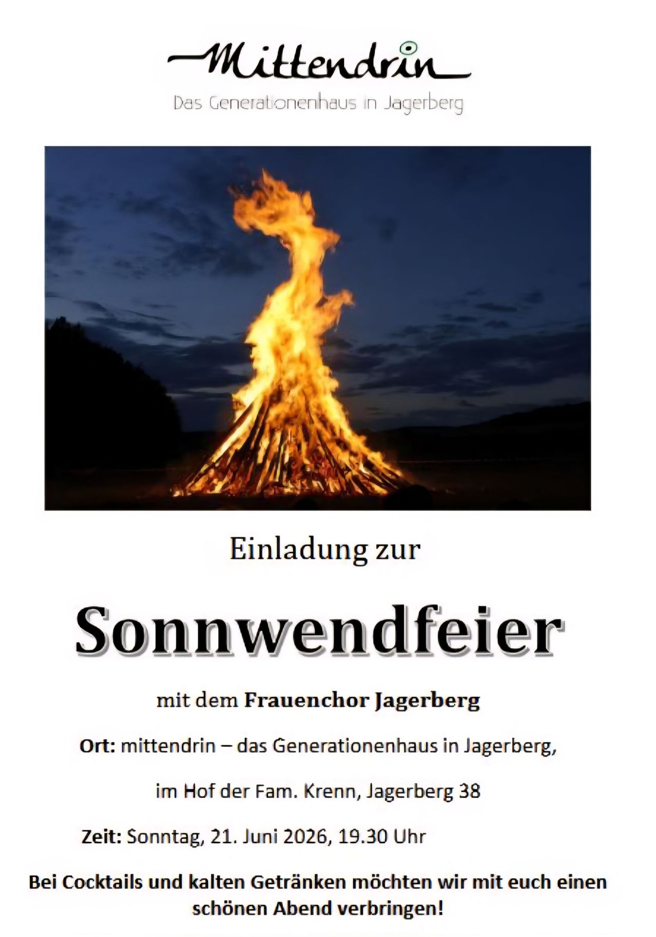 A large bonfire is shown at night, with the text in German, inviting people to a bonfire event. The image includes the location, Generationenhaus in Jagerberg.