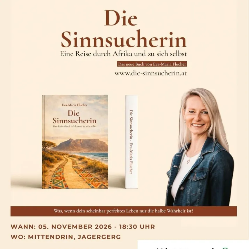 Ein Plakat für eine Buchpräsentation und Lesung. Es zeigt eine lächelnde Frau, ein Buchcover und Details über Datum, Zeit und Ort der Veranstaltung.