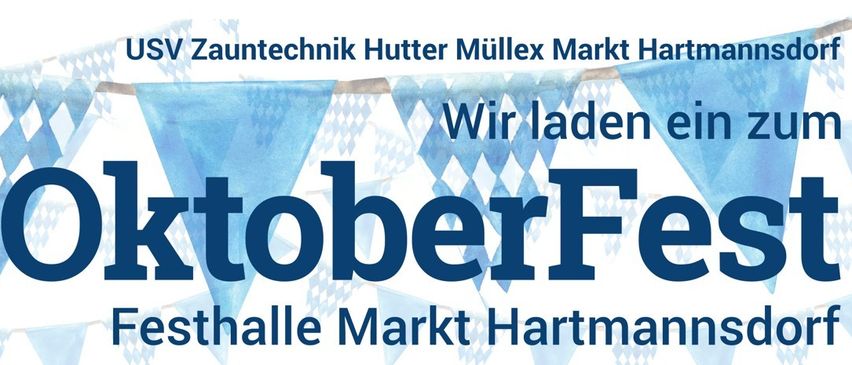Ein Werbebanner für USV Zauntechnik Hutter Müllex Oktoberfest. Es zeigt blau-weiß karierte Muster mit dem Text 'Oktober Festhalle Markt Ha'.