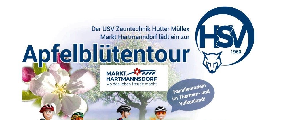 Ein Werbeplakat für die Apfelblütentour in Hartmannsdorf. Es zeigt eine Gruppe von Radfahrern in Helmen, die durch eine malerische Route mit Blumen und Bäumen fahren. Das Bild enthält Logos für HSW, MARKT Hartmannsdorf und Thermen- & Vulkanland Steiermark.