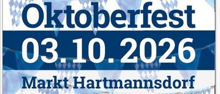 Plakat für das Oktoberfest-Event in Hartmannsdorf, mit Datum 03.10.2026, Veranstaltungsort und einem lächelnden Mann.