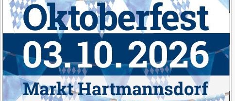 Plakat für das Oktoberfest-Event in Hartmannsdorf, mit Datum 03.10.2026, Veranstaltungsort und einem lächelnden Mann.