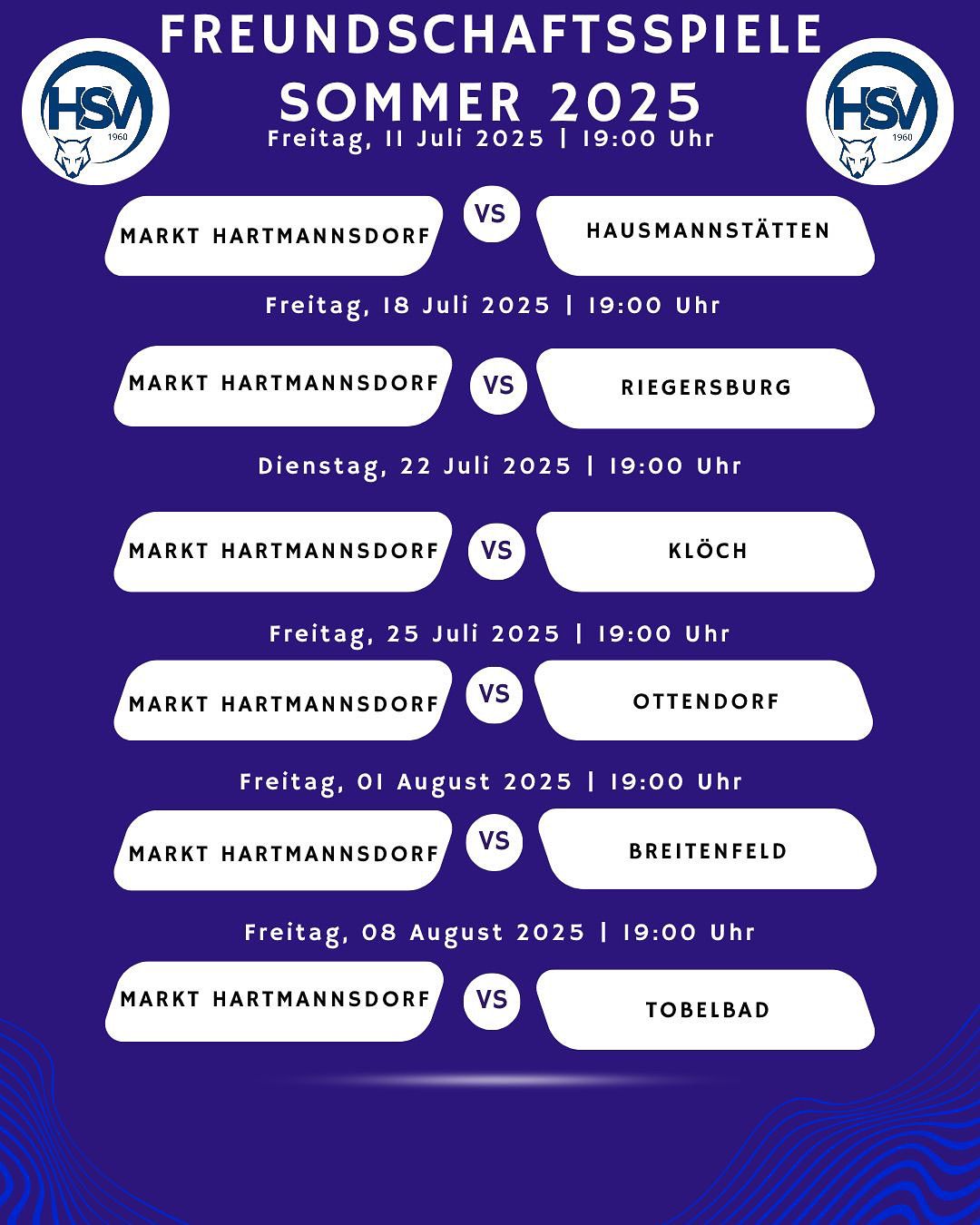 Ein Bild des Fußballteam-Zeitplans für den Sommer 2025, das Spiele gegen verschiedene Teams an bestimmten Daten und Zeiten zeigt.