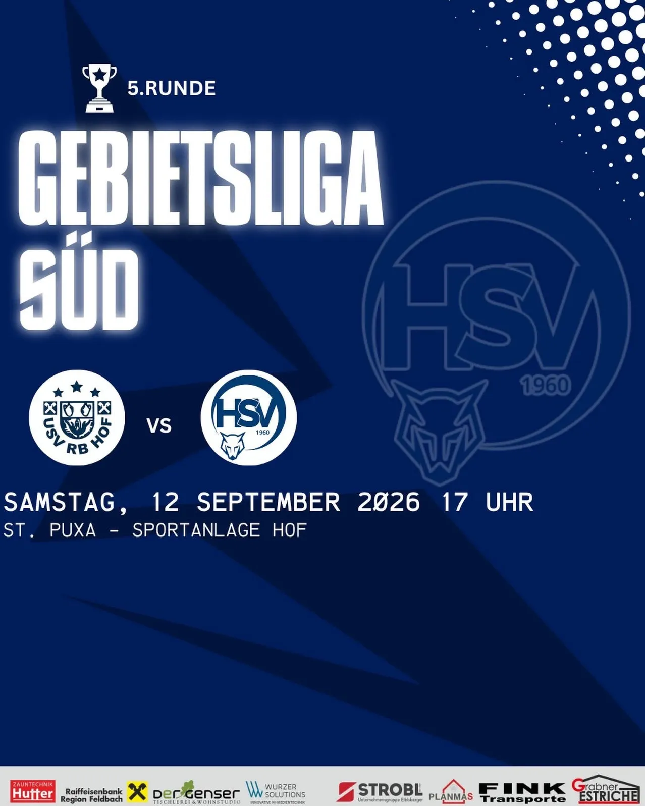 Ein Plakat für die 5. Runde der Regionalliga Süd mit zwei Teams, HSV und RBV, Datum und Uhrzeit des Spiels angegeben.