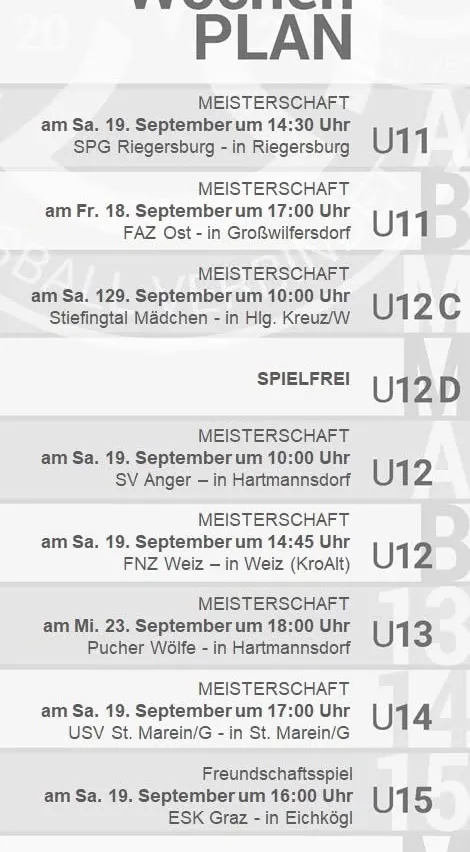 Ein Zeitplan für Fußballspiele an verschiedenen Terminen im September, einschließlich Spielzeiten, Orten und Teams.