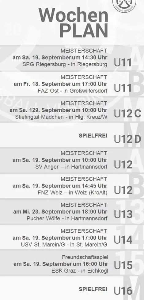 Ein Zeitplan für Fußballspiele an verschiedenen Terminen im September, einschließlich Spielzeiten, Orten und Teams.