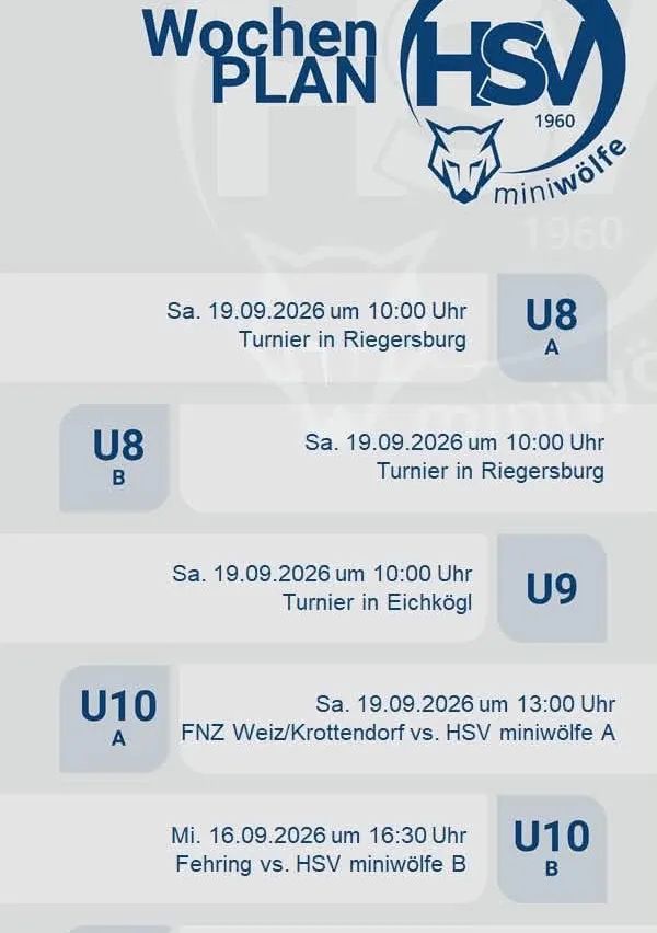 Ein Sportereignisplan für den 19. September 2026 mit verschiedenen Teams und Spielen. Das erste Spiel ist um 10:00 Uhr, gefolgt von anderen zu verschiedenen Zeiten. Die Teams umfassen U8, U9, U10 und andere.