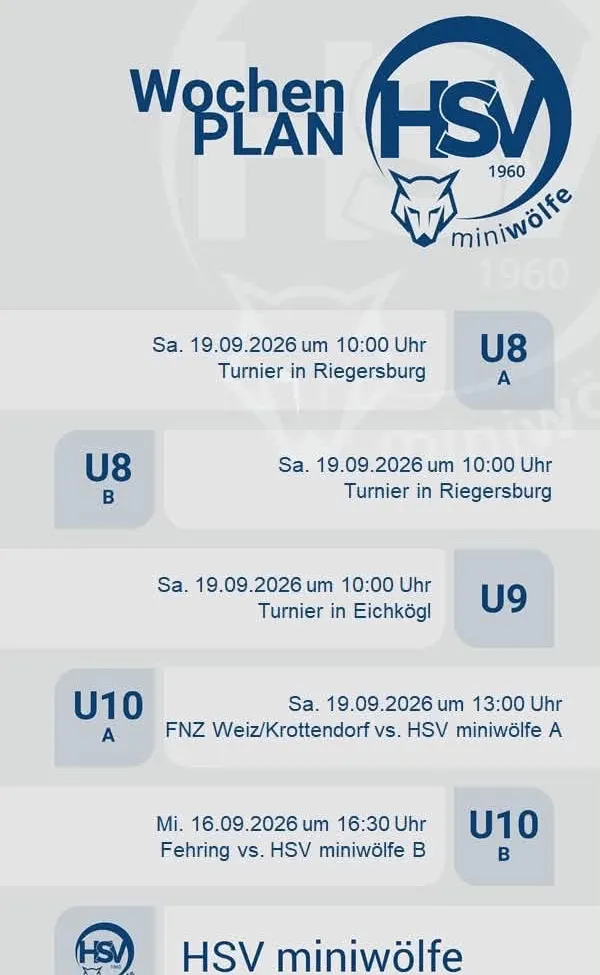Ein Sportereignisplan für den 19. September 2026 mit verschiedenen Teams und Spielen. Das erste Spiel ist um 10:00 Uhr, gefolgt von anderen zu verschiedenen Zeiten. Die Teams umfassen U8, U9, U10 und andere.