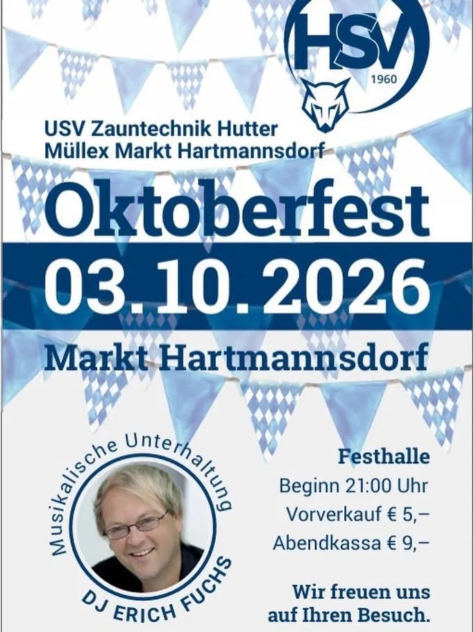 Plakat für das Oktoberfest-Event in Hartmannsdorf am 3. Oktober 2026. Das Plakat zeigt einen lächelnden Mann, DJ Erich Fuchs, und enthält Details über die Startzeit der Veranstaltung, Ticketpreise und den Veranstaltungsort.