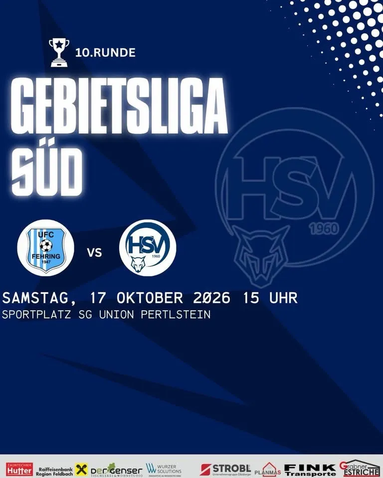 Ein blaues Plakat bewirbt ein Fußballspiel zwischen UFC Fehring und HSV 1960 am Samstag, 17. Oktober 2026, um 15:00 Uhr auf dem Sportplatz SG Union Pertlstein.
