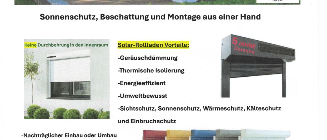 Eine Werbung für Solarbeschattendungen von EM Sonnenschutz zeigt ein Haus mit Solarbeschattendungen und hebt Vorteile wie Geräuschreduzierung, thermische Isolierung, Energieeffizienz, Umweltbewusstsein und verschiedene Schutzfunktionen hervor. Es werden Installationsoptionen, Farbauswahl und optionaler integrierter Insektenschutz mit Zeitschaltuhr oder App-Steuerung erwähnt.