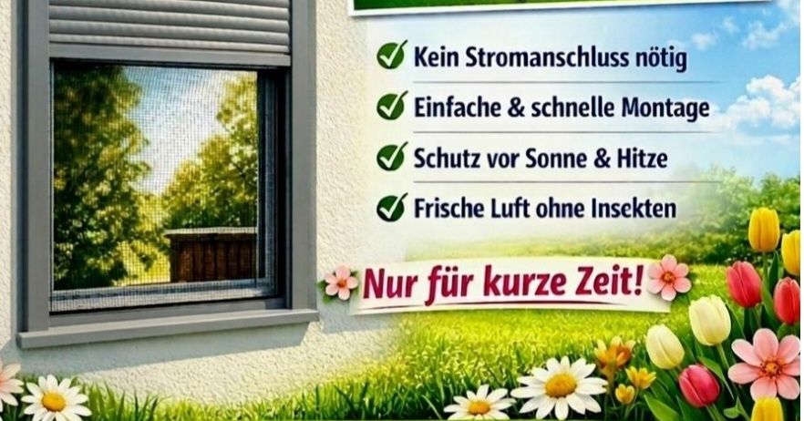Eine Werbung für Insektenschutzgitter wird gezeigt. Das Gitter ist an einem Fenster befestigt und bietet Schutz vor Sonne, Hitze und Insekten. Das Produkt ist kostenlos, benötigt keinen Strom und ist einfach zu installieren.