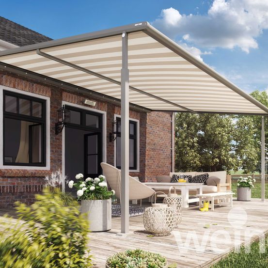 Bild enthält, House, Housing, Porch, Patio, Pergola, Canopy, Bench, Awning