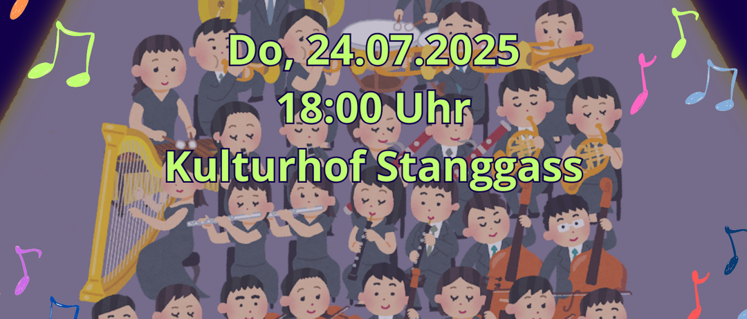 Plakat für das Abschlusskonzert der Musikschule mit einem Kinderorchester, Datum, Uhrzeit und Ort, mit teilnehmenden Ensembles.