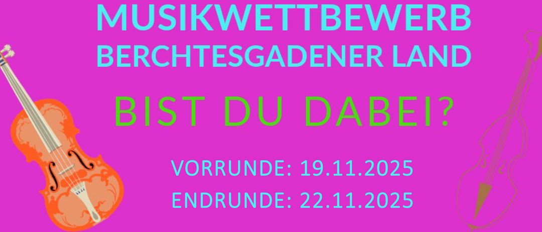 Ein Musikwettbewerbsposter mit Instrumenten, das Anmeldedaten und eine Handlungsaufforderung zeigt.