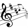 A black and white illustration of musical notes flowing in a wavy line on a white background.