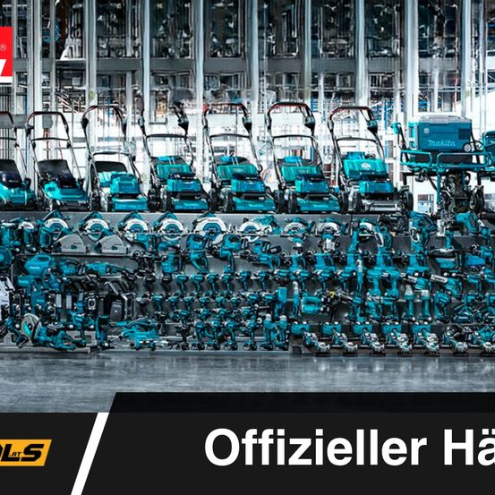 Ein Fabrikboden zeigt Reihen von blauen Makita-Elektrowerkzeugen und Rasenmähern. Das Bild zeigt ein Logo und die Worte 'Offizieller Händler'.