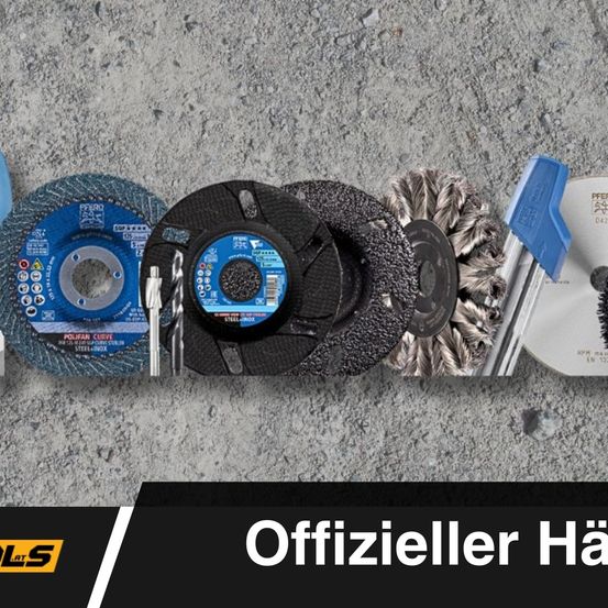 Verschiedene Schleif- und Schneidscheiben, darunter eine blaue, eine schwarze und eine silberne Scheibe, sind auf einer Betonoberfläche ausgestellt. Der Text 'Offizieller HAT' steht in großen weißen Buchstaben.