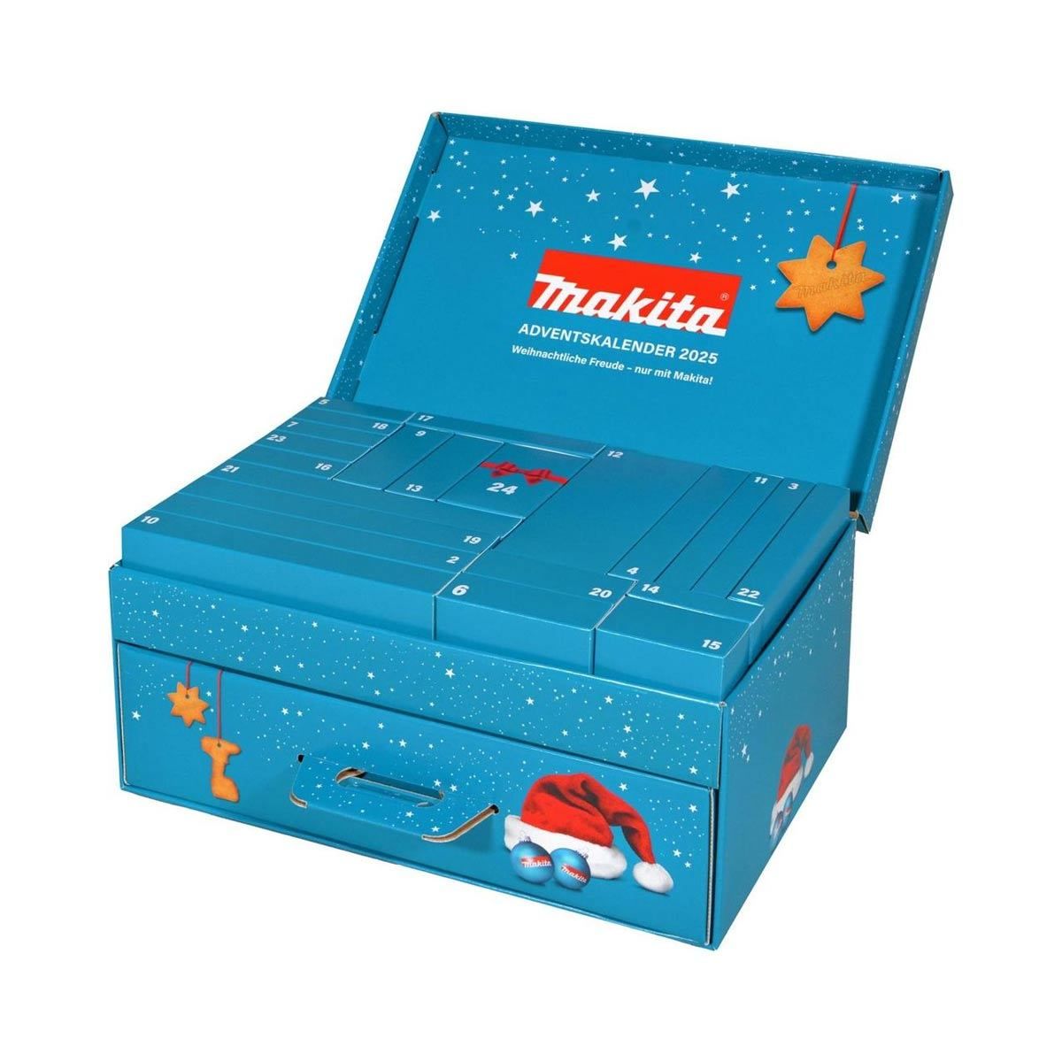 Eine blaue Makita-Adventskalender-Box für 2025, geöffnet, um Fächer mit den Nummern 1 bis 24 zu zeigen, mit festlichen Dekorationen und einem Weihnachtsmannhut in einem Fach.