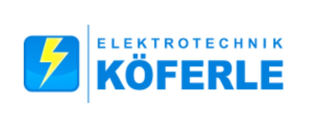 Logo für Elektrotechnik Koferle mit stilisiertem Blitz und Text in Blau und Gelb.