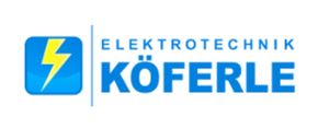 Logo für Elektrotechnik Koferle mit stilisiertem Blitz und Text in Blau und Gelb.
