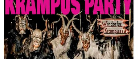 Ein Poster für das Cafe-Pub Krampus Party. Es zeigt Menschen in Krampus-Kostümen mit Hörnern und Masken. Die Veranstaltung umfasst Live-Musik, DJ und mehr. Der Eintritt ist frei.