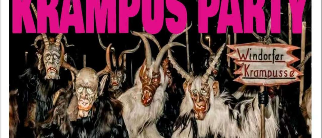 Ein Poster für das Cafe-Pub Krampus Party. Es zeigt Menschen in Krampus-Kostümen mit Hörnern und Masken. Die Veranstaltung umfasst Live-Musik, DJ und mehr. Der Eintritt ist frei.