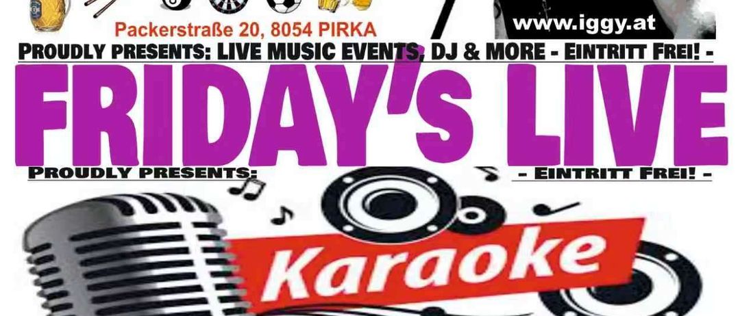 Werbung für Cafe-Pub an Packerstrabe 20, 8054 Pirka. Bietet Live-Musik, DJ und Karaoke. Eintritt frei. Jeder Sänger/in bekommt ein Getränk gratis.