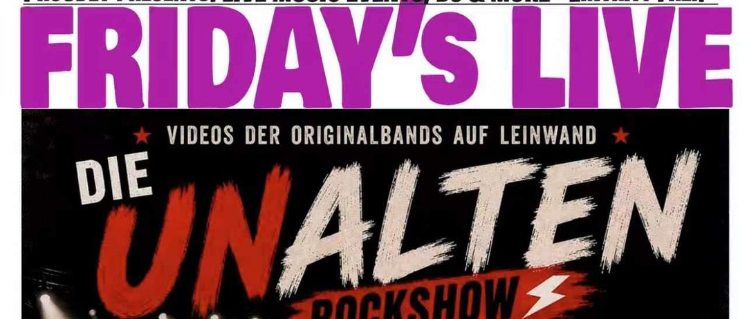 Werbeplakat für eine Pub-Veranstaltung mit einer Rockband auf der Bühne. Es beinhaltet Videos von Originalbands und freien Eintritt. Der Pub bietet Live-Musik, DJ und mehr an.