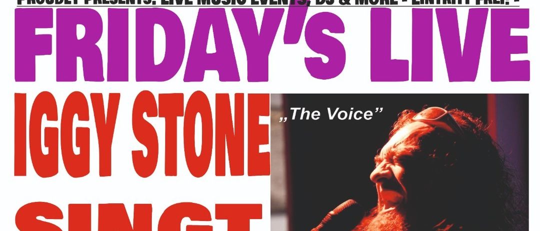 Plakat für Cafe-Pub-Veranstaltung mit Iggy Stone, der das Beste von Beatles singt. Beinhaltet Aktivitäten wie Darts, Billard und Fußball. Eintritt frei.
