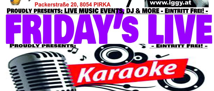 Plakat für Cafe-Pub mit Live-Musik, Karaoke und kostenlosen Getränken für Sänger. Das Plakat zeigt ein Mikrofon, Musiknoten und eine Gruppe von singenden Personen.