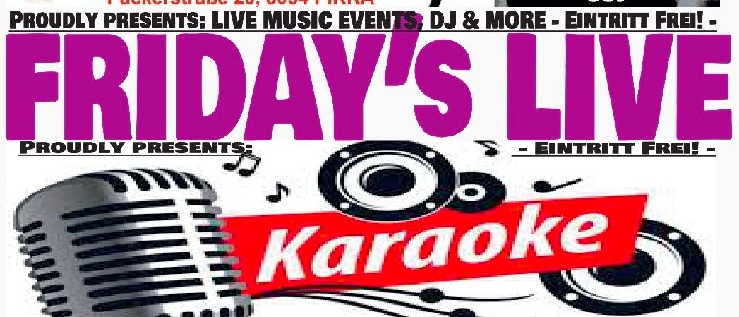 Plakat für die Cafe-Pub-Veranstaltung am Freitag Live Karaoke. Mit Mikrofon, Lautsprechern und einer Gruppe von singenden Leuten. Der Eintritt ist frei.