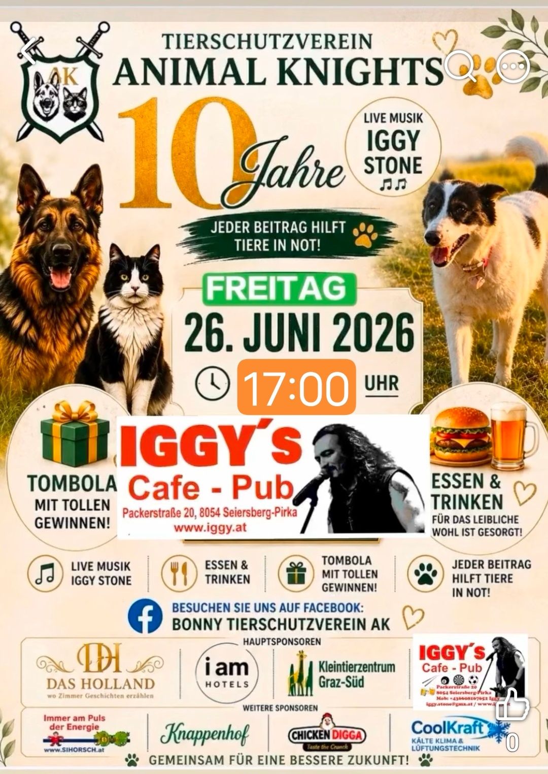 Plakat für ein 10-jähriges Jubiläumsevent im Iggy's Cafe-Pub mit Live-Musik von Iggy Stone, einer Tombola und Essen und Trinken. Das Event findet am 26. Juni 2026 um 17:00 statt. Spenden helfen Tieren in Not.