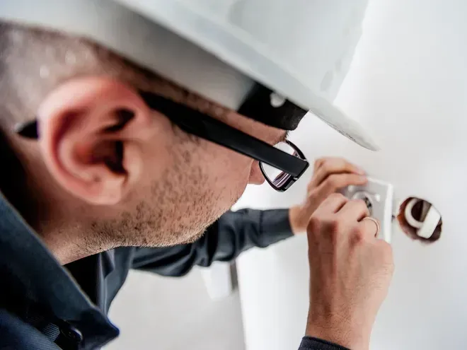 Ein Mann in einem weißen Schutzhelm und Brille repariert eine Steckdose an einer weißen Wand.