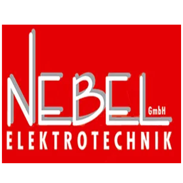 Das Logo für NEBEL Elektrotechnik, ein Unternehmen, das sich auf Elektrotechnik spezialisiert hat, wird auf einem roten Hintergrund angezeigt. Das Logo zeigt den Namen NEBEL in weißen, stilisierten Buchstaben mit einer einzigartigen Schriftart. Unter dem Namen steht der Text Elektrotechnik in fetten, weißen Buchstaben. Das gesamte Logo ist von einem weißen Rand umgeben.
