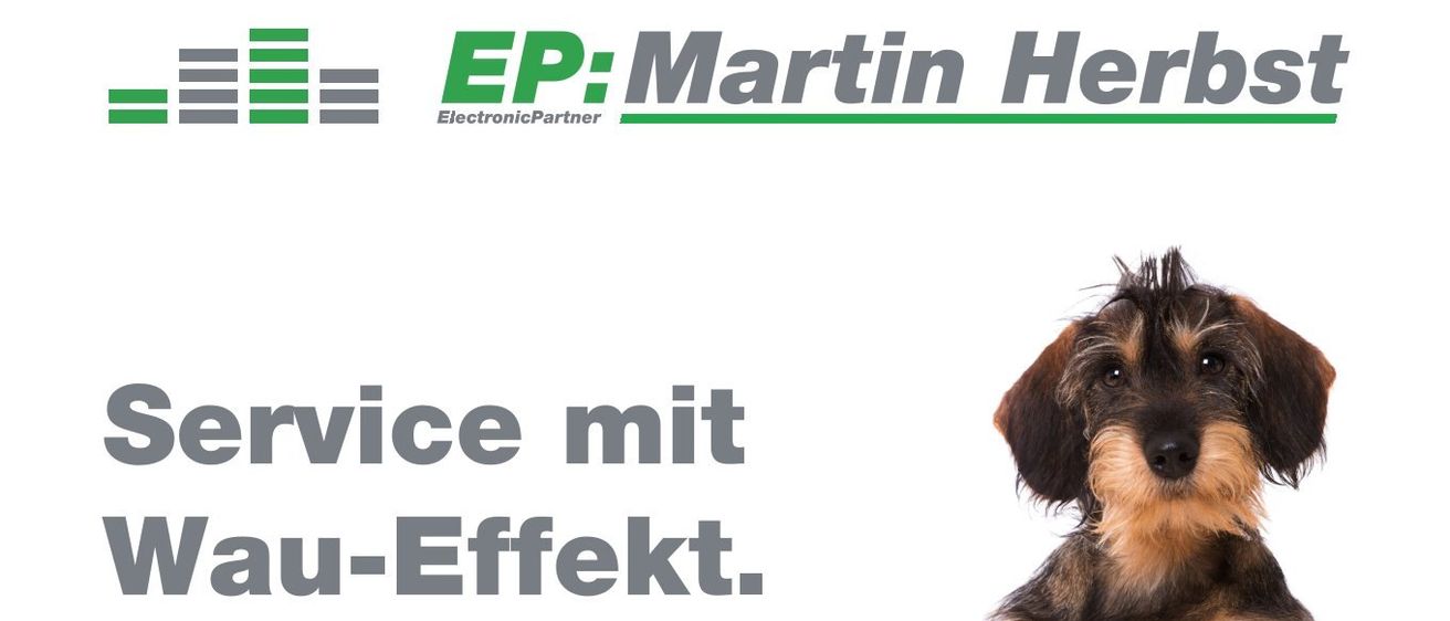 Bild eines Hundes mit dem Text EP: Martin Hertz, Electronic Partner. Der Hund liegt auf dem Boden und schaut nach rechts.