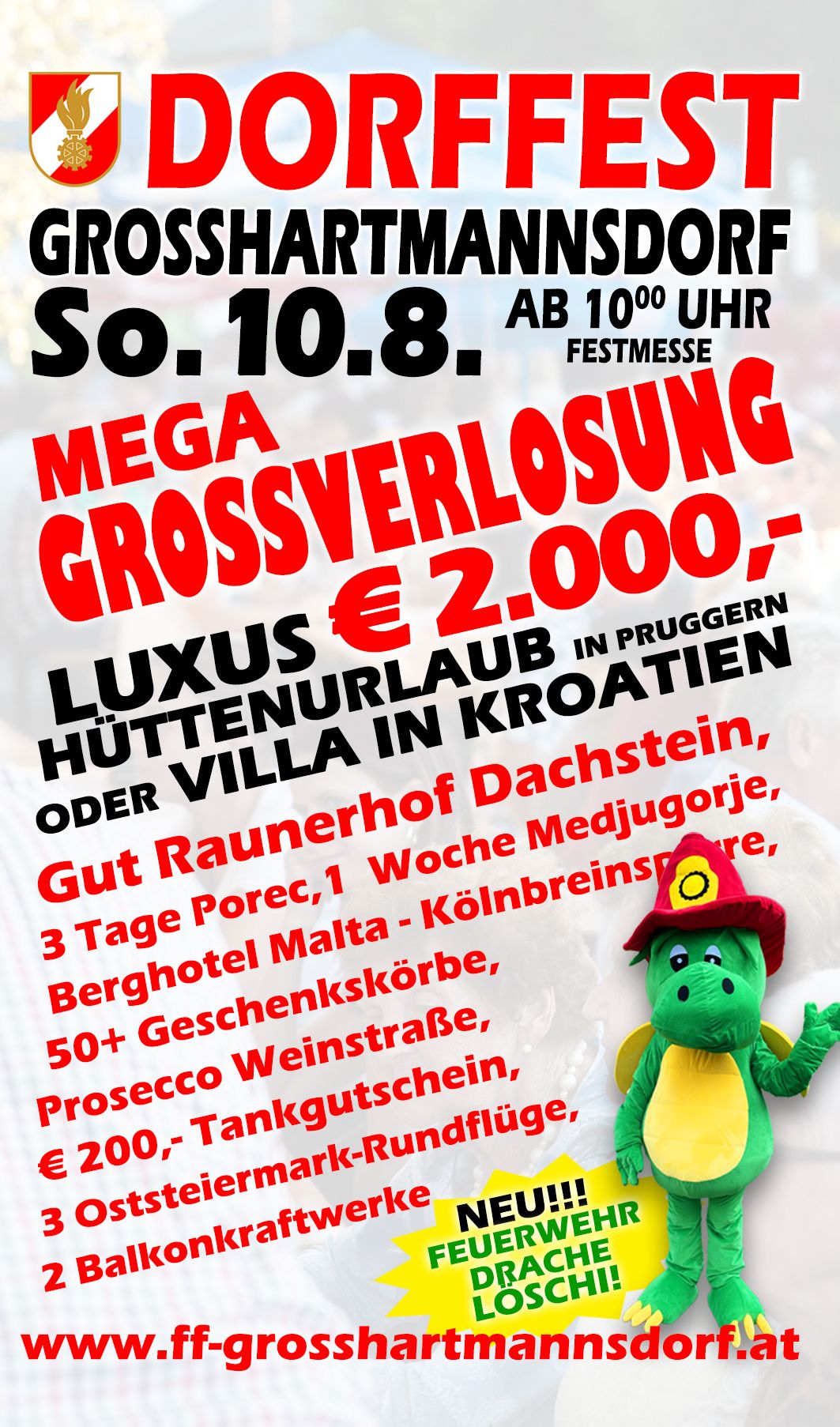Plakat für eine Mega-Großgewinn-Veranstaltung am 10. August. Preise umfassen einen Luxushüttenurlaub in Kroatien, eine Dachstein-Villa oder ein Kölner Weinfestival-Paket. Andere Preise umfassen eine Weinbox, 50+ Weinsorten und Prosecco-Verkostungsflüge.