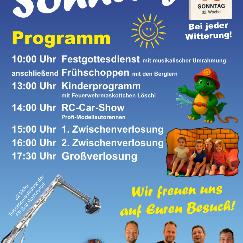 Plakat für ein Tagesprogramm bei einer Feuerwehr. Beinhaltet einen Gottesdienst, Frühstück, ein Kinderprogramm mit Brandschutzunterricht, RC-Auto-Show und mehrere feuerwehrbezogene Spiele. Zeiten und Aktivitäten sind aufgelistet.