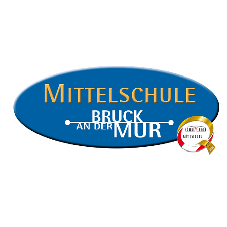 Das Logo der Mittelschule Bruck an der Mur, eine Schule mit einem blauen Oval und goldenem Text, und einem goldenen Auszeichnungssymbol mit 'Schulsport Gutesiegel' und '2019'.