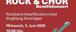Plakat für ein Wohltätigkeitskonzert von HeartRockers und SingKlang Amerlügen am 3. Juni 2026. Der Eintritt ist freiwillig. Spenden gehen an Chay Ya.