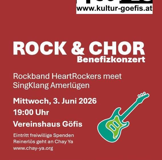 Plakat für ein Wohltätigkeitskonzert von HeartRockers und SingKlang Amerlügen am 3. Juni 2026. Der Eintritt ist freiwillig. Spenden gehen an Chay Ya.