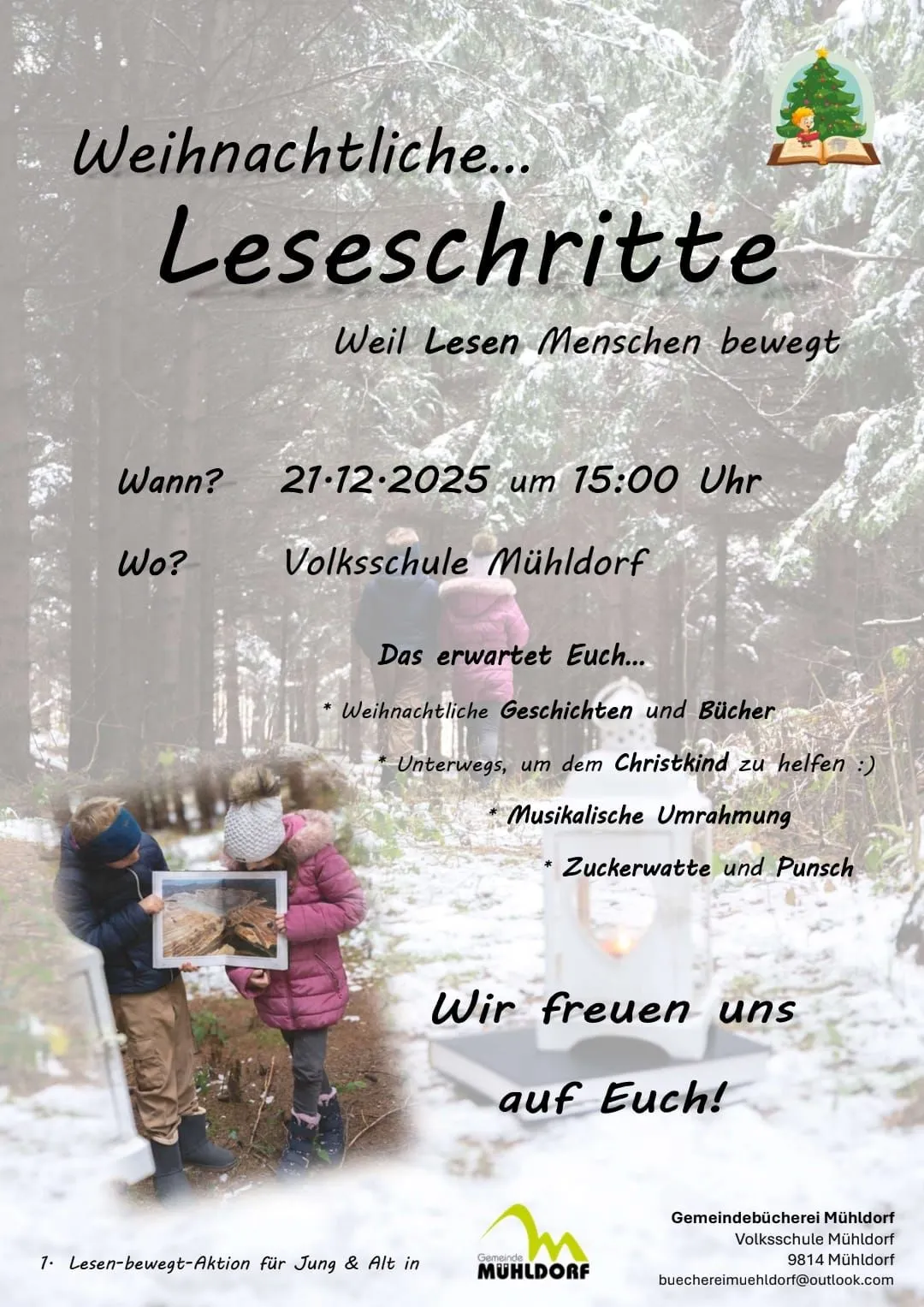 Plakat für Leseschritte-Veranstaltung mit schneebedecktem Waldhintergrund, mit zwei Kindern und einer Laterne. Veranstaltungsdetails umfassen Datum, Uhrzeit und Ort. Aktivitäten beinhalten Weihnachtsgeschichten, Hilfe für das Christkind, Musik und Leckereien.