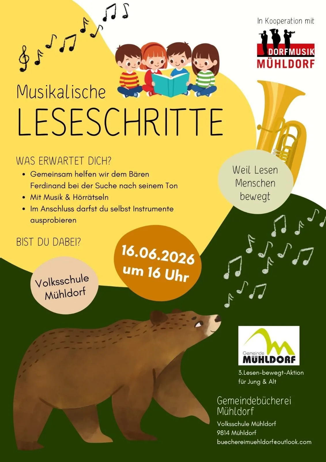 Plakat für eine musikalische Lesung mit Kindern beim Lesen und Instrumenten. Das Event ist am 16. Juni 2026 um 16 Uhr. Die Veranstaltung ermutigt, einem Bären beim Finden seiner verlorenen Stimme zu helfen.