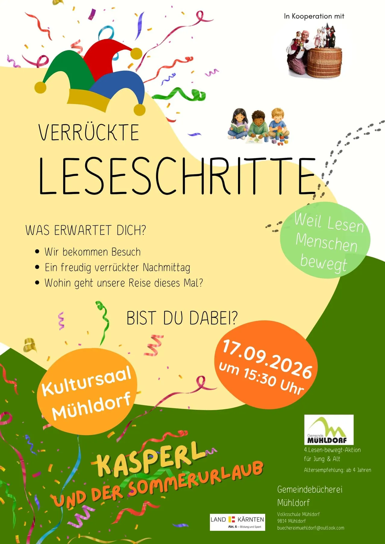 Plakat für die Veranstaltung 'Verrückte Leseschritte' am 17.09.2026 um 15:30. Zeigt Kinder beim Lesen, Fußabdrücke und bunte Konfetti.