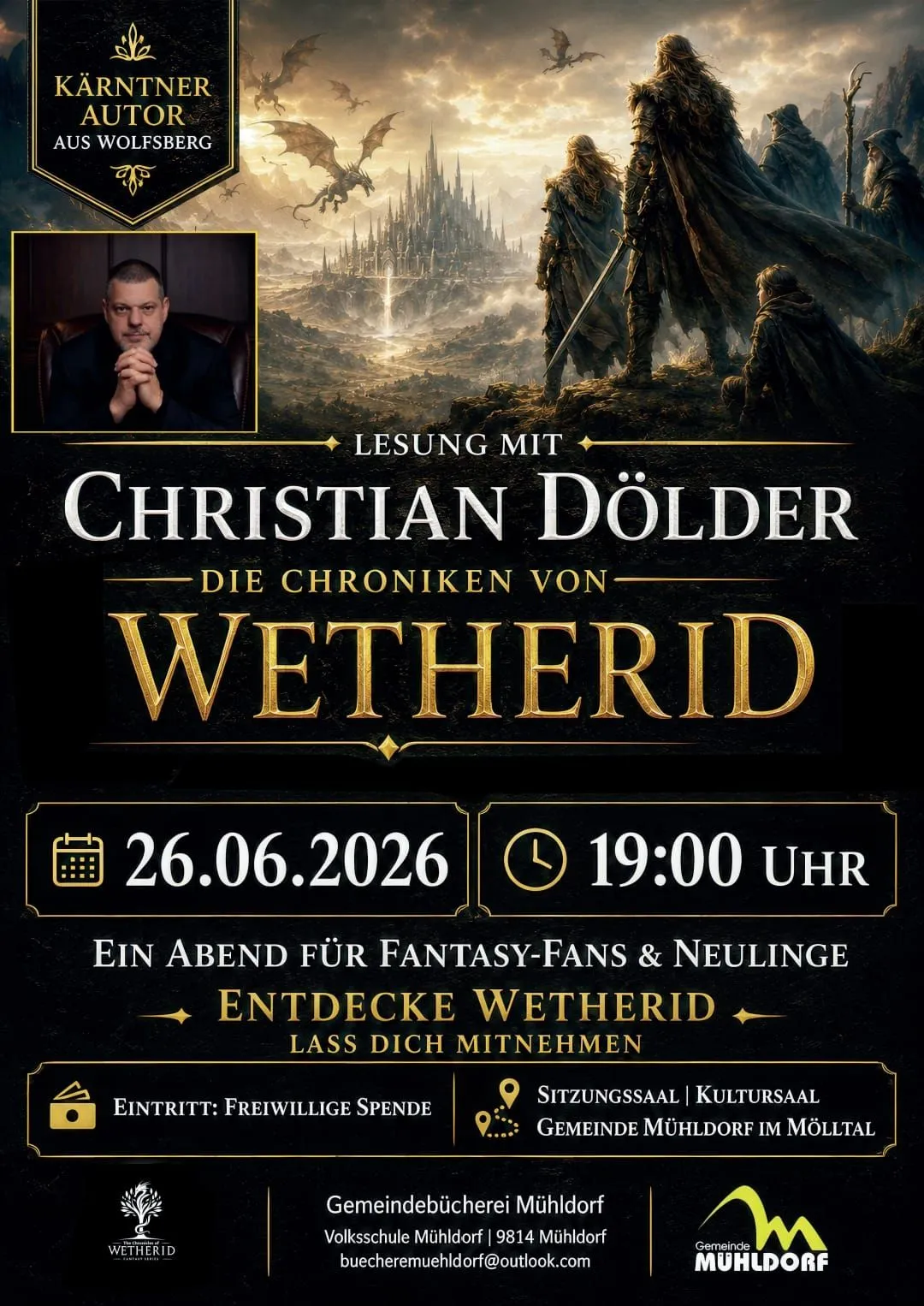 Plakat für Christian Dolder liest die Chroniken von Wetherid. Datum: 26.06.2026. Zeit: 19:00 Uhr. Für Fantasy-Fans und Neulinge.
